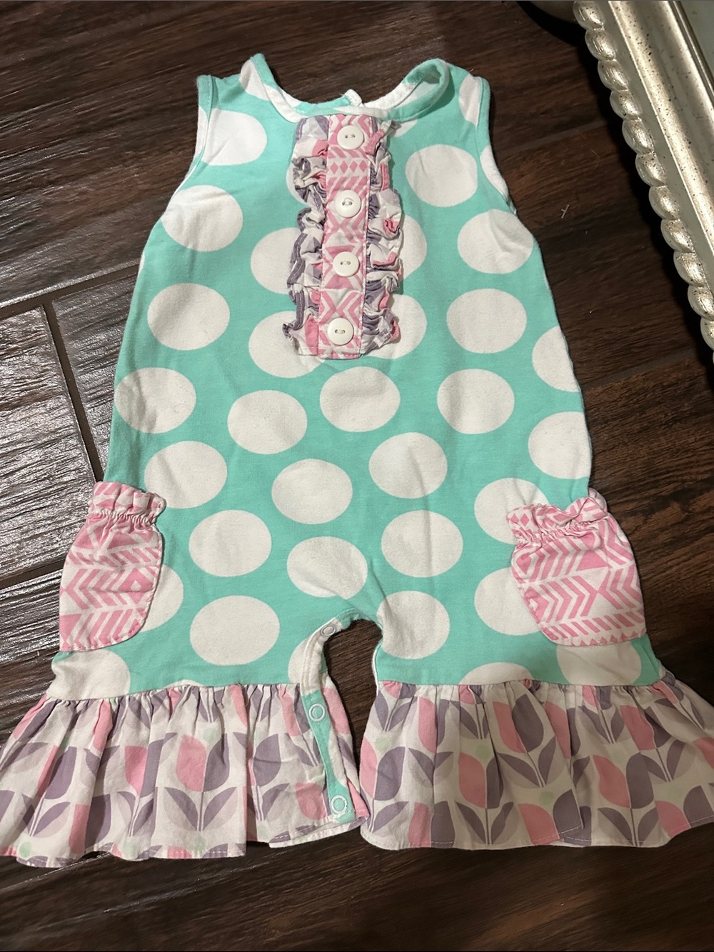 Ricrac & Ruffles Aqua Polka Dot Romper